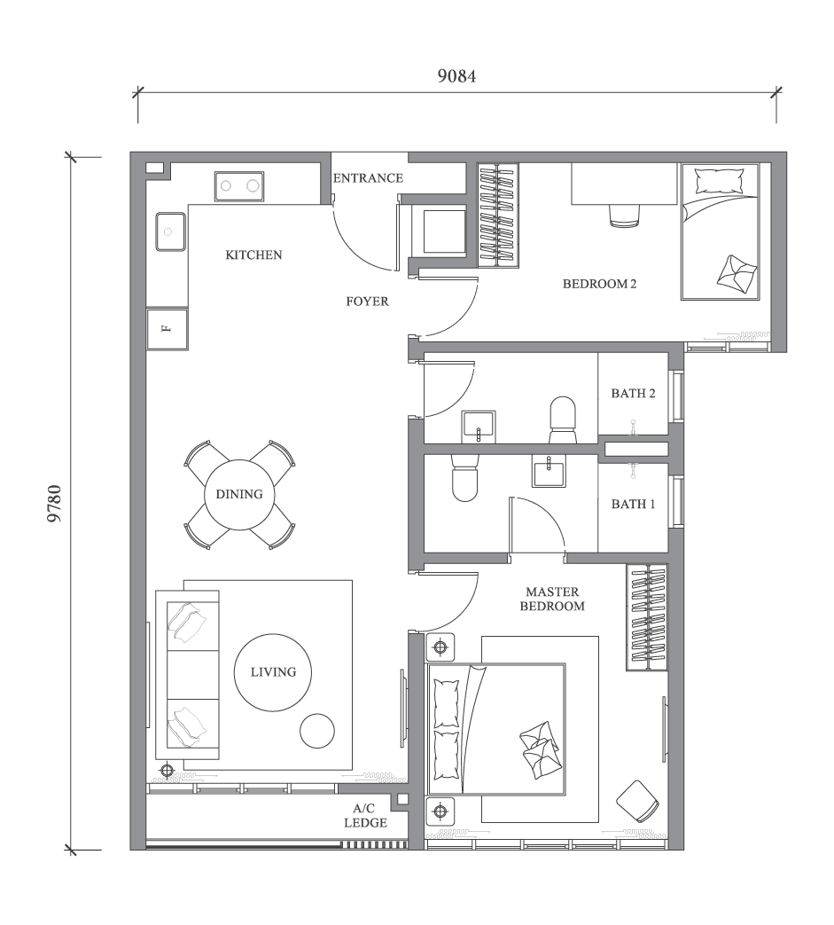 Riverpark Bangsar South Type A1 floor plan — 812 sq.ft. 2-bedroom