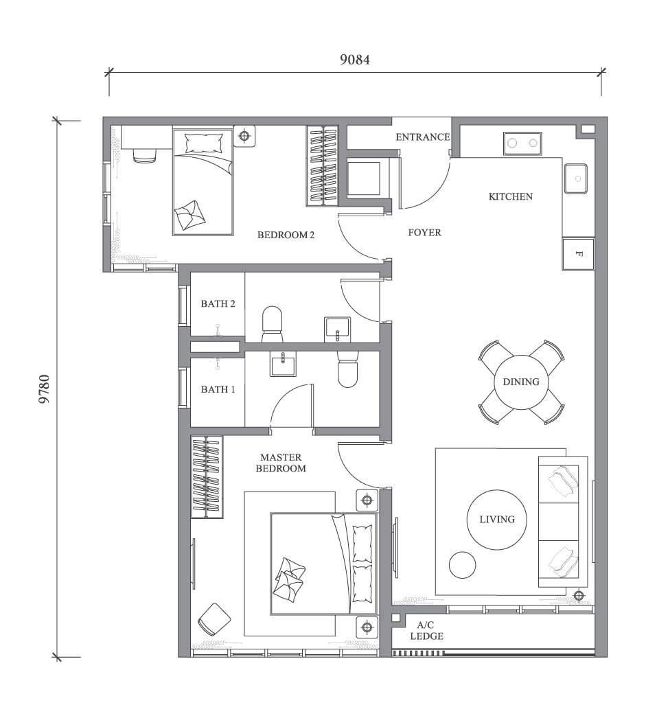Riverpark Bangsar South Type A2 floor plan — 812 sq.ft. 2-bedroom