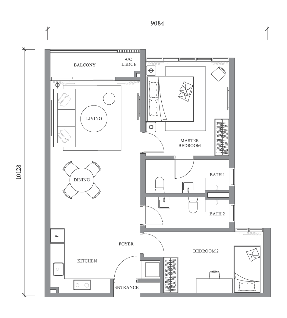 Riverpark Bangsar South Type A3 floor plan — 861 sq.ft. 2-bedroom with balcony