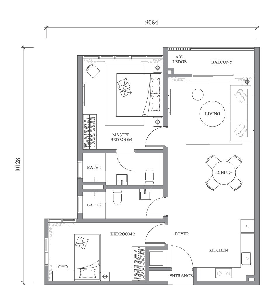 Riverpark Bangsar South Type A4 floor plan — 861 sq.ft. 2-bedroom with balcony